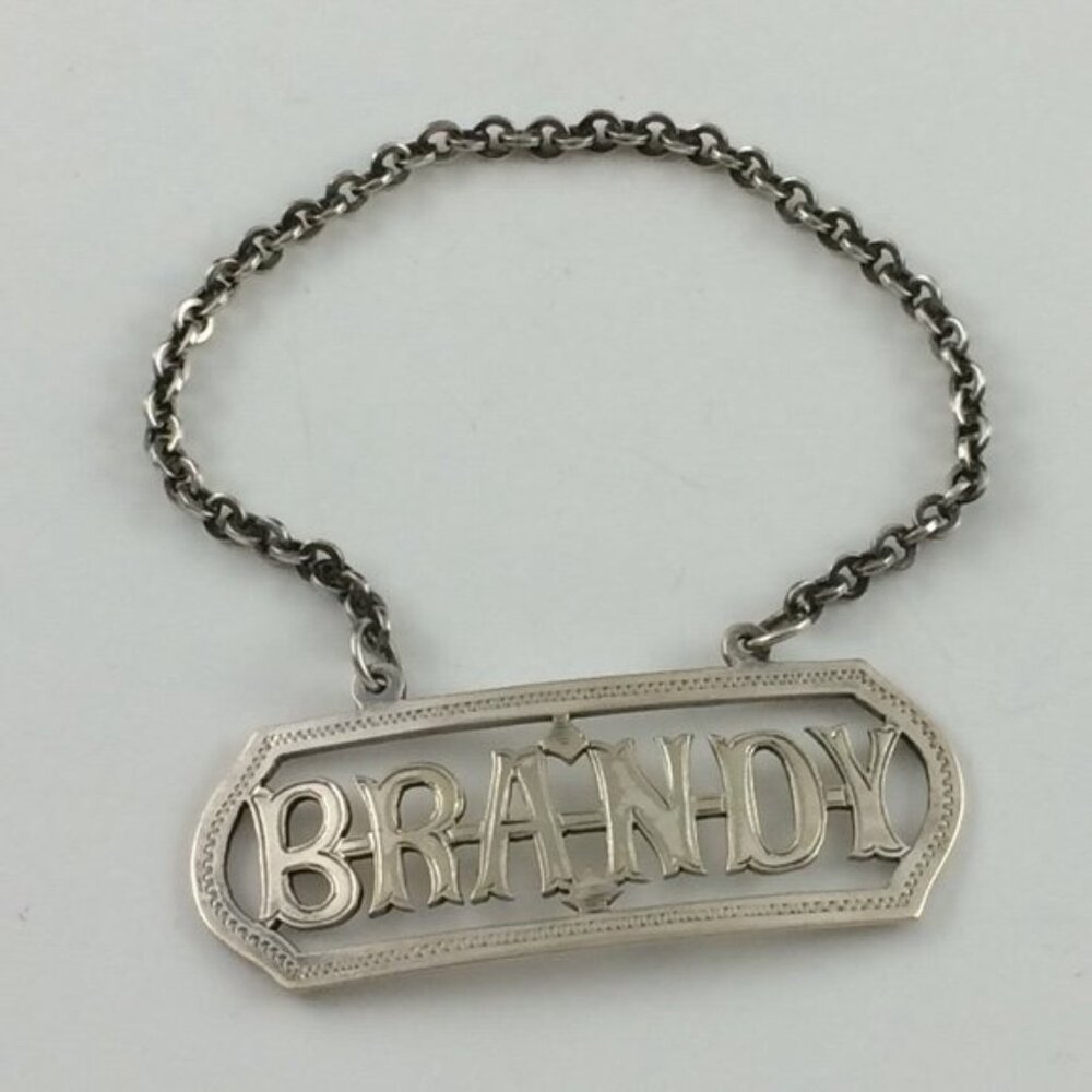Vintage Brandy Pierced Metal Decanter Bottle Label Hang Tag Liquor Ticket Ornate